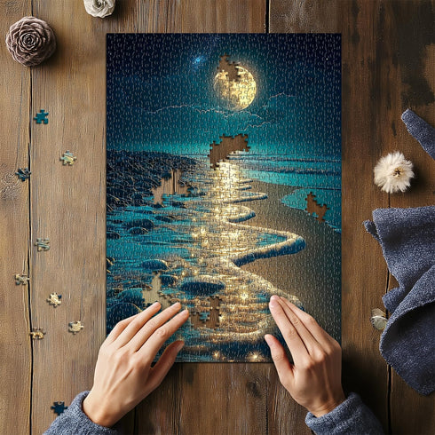 PICKFORU 1000 Beach Jigsaw Puzzle Pieces, Ocean Moon Nature Art Scenery, Colorful Magic Beach Themed Puzzle