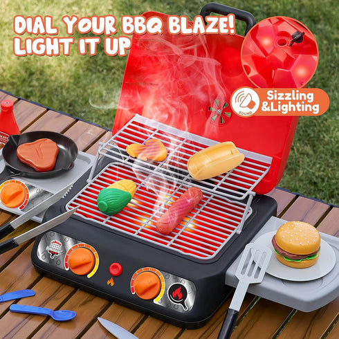 Kids BBQ Grill Playset, Kitchen Toy Set with Pretend Smoke, Light, Sound & Color-Changing Food for Boys & Girls