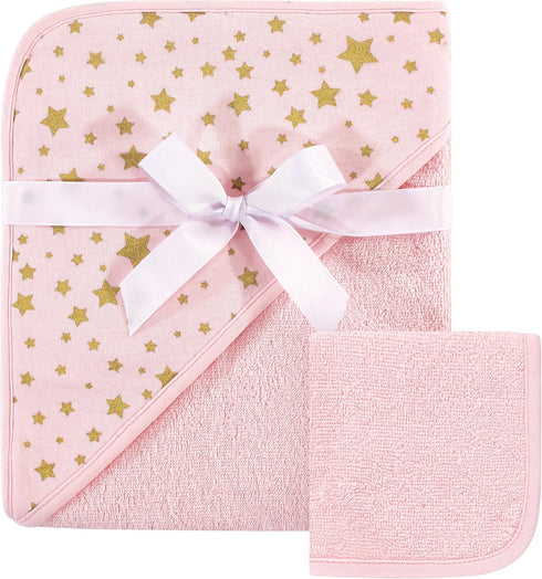 Hudson Baby Unisex Baby Cotton Hooded Towel and Washcloth, Pink Gold Star,
