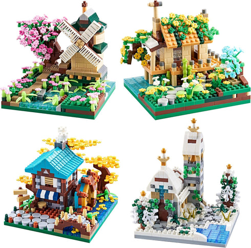 Four Seasons Cherry Blossom Micro Building Blocks Mini Sets, 4 Kits Tree House Flowers & Plants for Adults and Kids