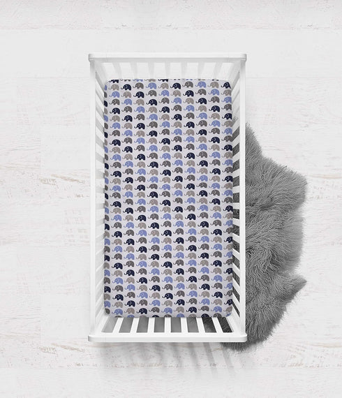Bacati Elephant Blue, Navy, Grey - 100% Cotton Boys Universal Baby Crib or Toddler Bed Fitted Sheet