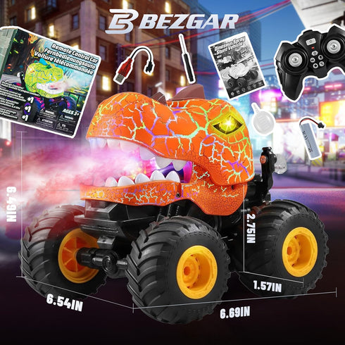 1:20 360 4-7 BEZGAR Monster Truck Toys - Remote Control Monster Truck with Spray, Light, Music, Dinosaur Toys for Kids