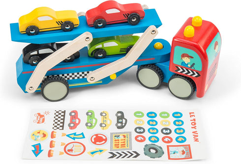 Le Toy Van Motors, Planes & Garages Race Car Transporter Set, Premium Wooden Toys for Kids Ages 3 and Up