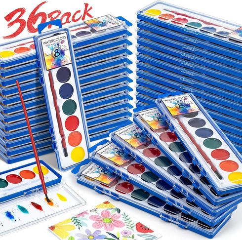 36 Pack Set, 8 Watercolor Paint Washable Watercolor Paint Bulk for Kids, Water Color Paint with Paint Brushes, Ideal