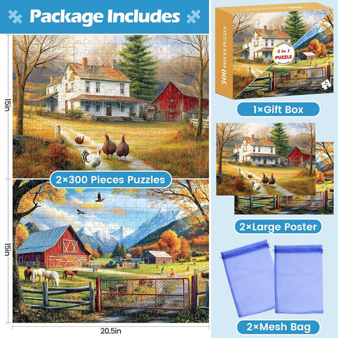 WSCXSC 2 Pack 300 300 Countryside Pieces Puzzle for Adults,Autumn Puzzle Farm Jigsaw Puzzles Pieces for Adults Kids