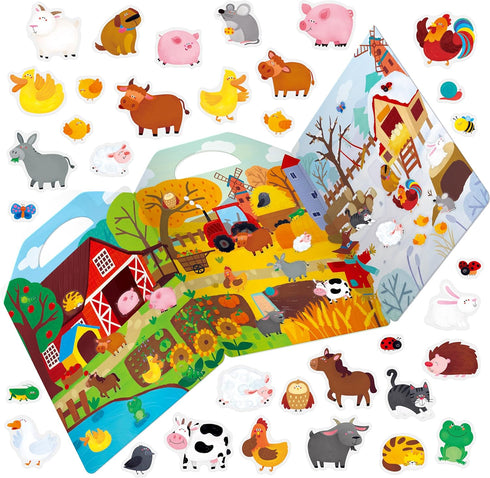 Reusable Sticker Book, 35 Farm Animal Static Stickers Waterproof Animals & Insects