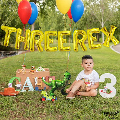 Katchon Huge Gold Three Rex Balloons - 16 Inch, Dinosaur Birthday Decorations with 3 Rex Balloons for Boy's Party