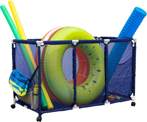 Pool Noodles Holder, Mesh Rolling Storage Organizer Bin for Toys, Balls, and Floats, Kids Height, Large (Blue/White