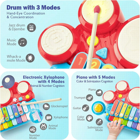 Baby Musical Toys, 3 in 1 Piano Keyboard Xylophone Drum Set for 1 Year Old Girls, Learning Toys for Toddlers 1-3