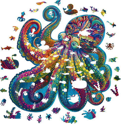 Unique Wooden Jigsaw Puzzles - Agate Octopus, 300 Pcs Medium Size, Luxurious Animal Shaped Wood Puzzle