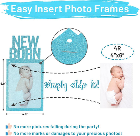 PartyHooman 1st Birthday Photo Banner for Baby, Monthly Milestones Garland for Boys, Pre-strung with Frame (Blue)
