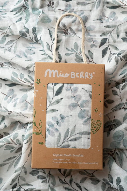 Miaoberry Organic Muslin Swaddle Blankets - Matching Hat and Wooden Hello World Newborn Sign, Eucalyptus Photography