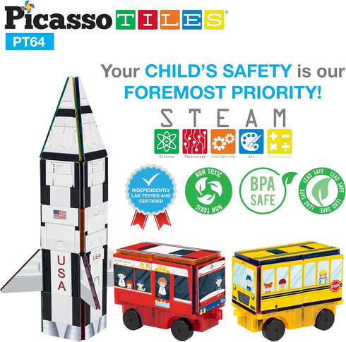 64pc Set 3-in-1 3+ PT64 PicassoTiles Magnetic Tiles Building Blocks STEM Toy for Kids Rocket Train School Bus Theme