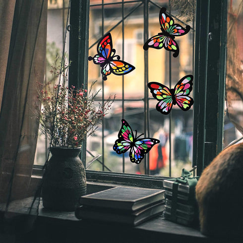 Outus 24 Sets 60 Butterfly Suncatchers Crafts Kit Butterfly Shaped Suncatchers with Pcs Colored Paper Stained Glass