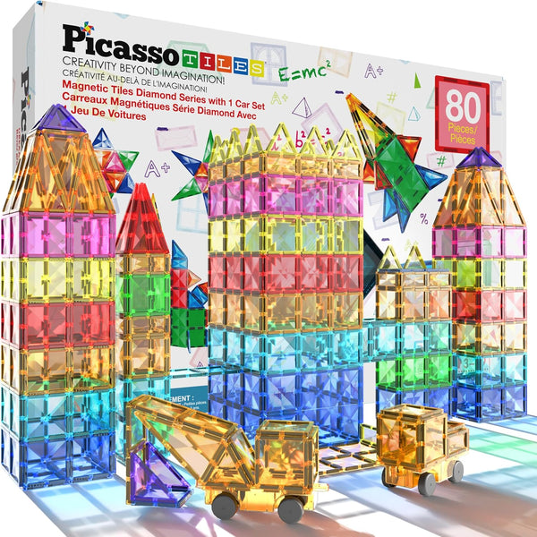 PicassoTiles 80 Pieces Magnetic Building Tiles, Educational Playset for STEM Sensory Gifts, Kid Brain Development