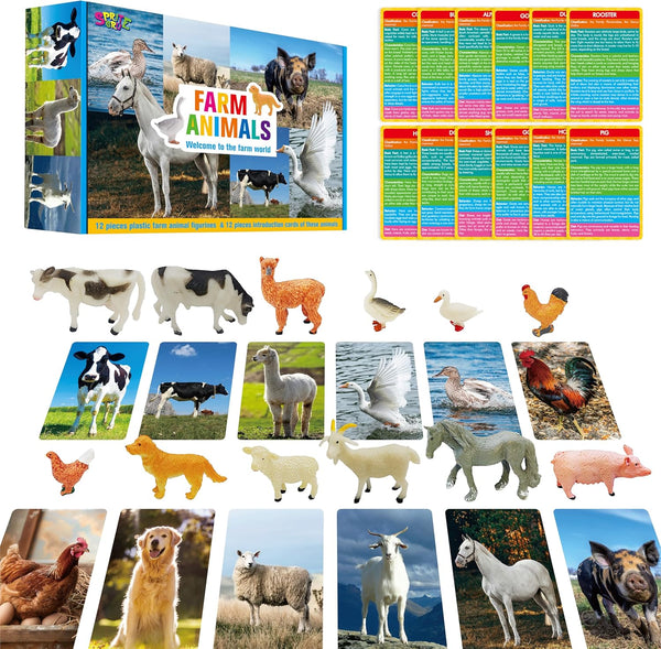 12 PCS Farm Animal Figurines with 12 Flashcards | Realistic Playset Montessori Toys for Preschool Toddler Kids