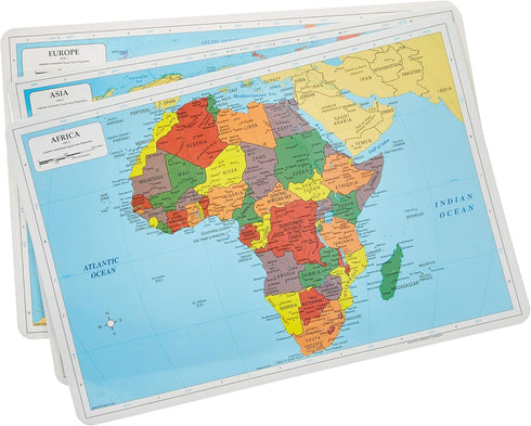 Painless Learning Educational Placemats - Europe, Asia and Africa Maps Set, Non Slip Washable