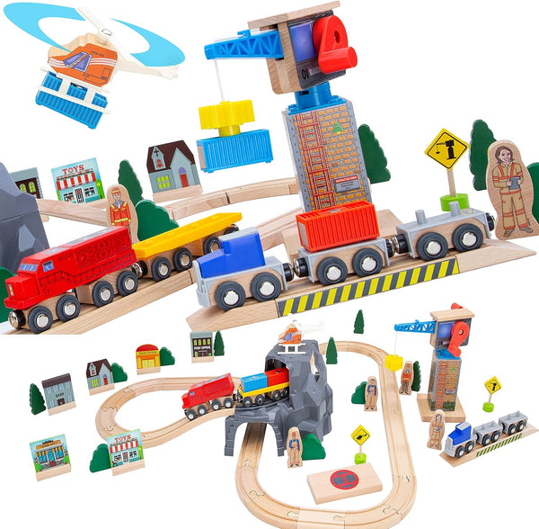 ORBRIUM Lift and Load Wooden Train Set - Magnetic Crane, Helicopter, Diesel Engine, Semi-Truck, Shipping Container,