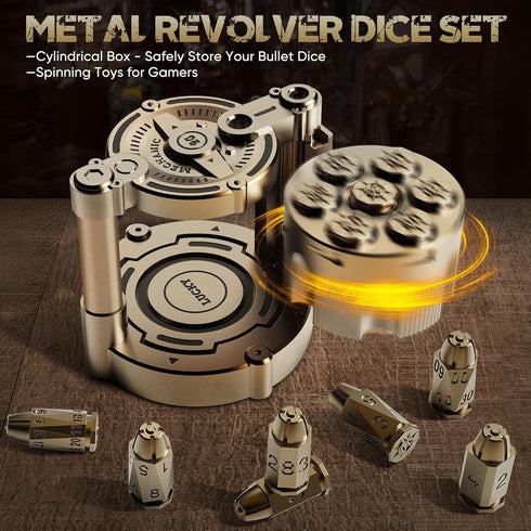 ZNQP Set 7, Set Set Set Metal Relief Polyhedral Dice of Rotatable Bullet Dice Revolver Storage Container, Rotating
