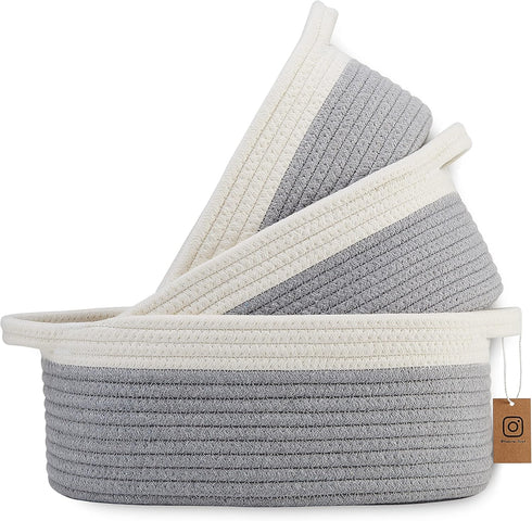 NaturalCozy 3-Piece Oval Basket Set, Natural Rope Woven Baskets for Storage, Gift Basket, Toy Basket, Off White & Gray