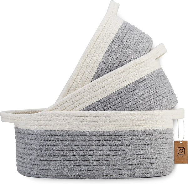 NaturalCozy 3-Piece Oval Basket Set, Natural Rope Woven Baskets for Storage, Gift Basket, Toy Basket, Off White & Gray