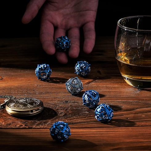 Unique Round Hollow Orb Metal DND Dice Set for Role Playing Games (RPG) - Stunning Blue Dragon Dice