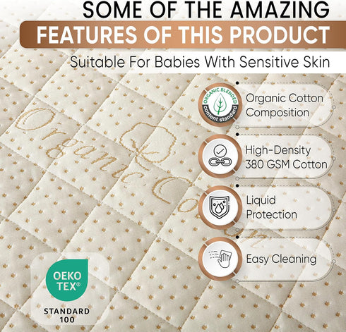 380 Crib Luxury Quilted Organic Mattress Protector Pad - Certified Organic Cotton, Waterproof Skin-Friendly Breathable