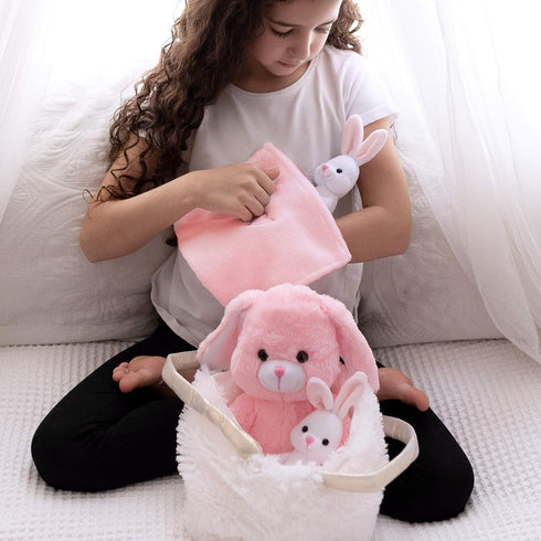 Perfectto Design Bunny Toy Set - 4 Pcs with Mommy, 2 Baby Rabbits, XL Furry Bag, and Doll Blanket for Ages 3-8