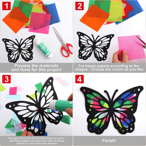 Outus 24 Sets 60 Butterfly Suncatchers Crafts Kit Butterfly Shaped Suncatchers with Pcs Colored Paper Stained Glass