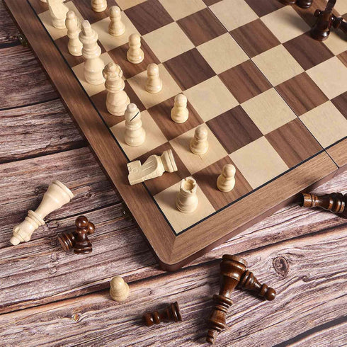 15" Set ELONGDI Wooden Chess with Magnetic Pieces - Extra Queens - Folding Chessboard Portable Travel Tournament Chess