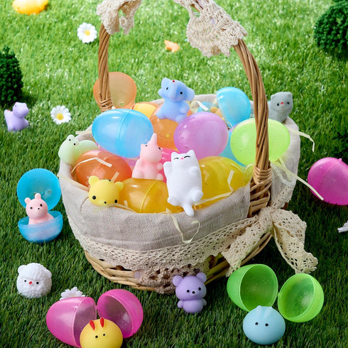 24 JOYIN Pcs Easter Prefilled Eggs with Mochi Squishy Toys, Animal Stress Reliever Squishy Toy for Glitter Transparent
