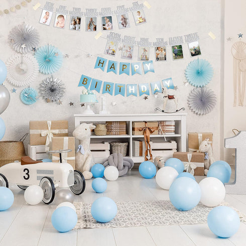 PartyHooman 1st Birthday Photo Banner for Baby, First Birthday Decorations Girl, Monthly Milestones Garland, Silver