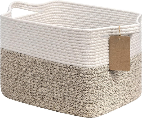 Goodpick Woven Storage Basket for Shelves, Cotton Rope Dog Toy Bin, Square Baskets for Storage Shelves, Brown and