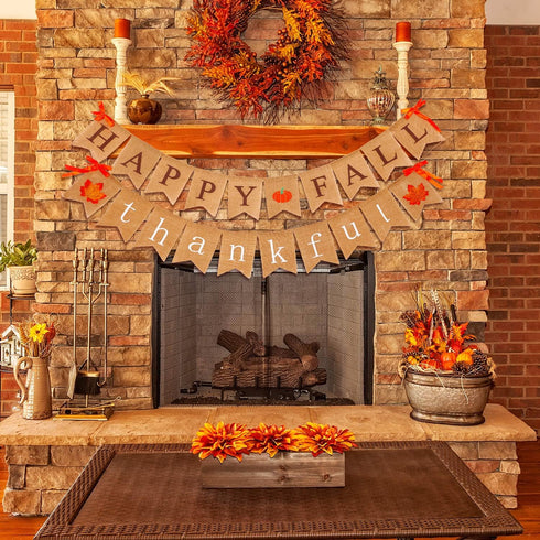2 Pieces Happy Fall Banner Thankful Burlap Thanksgiving Banner for Mantle, Pumpkin Maple Leaf Garland Decoration