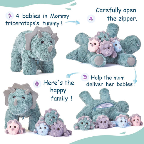 EARTHSOUND Triceratops Dinosaur Stuffed Animal - 18" Cute Small Mommy Plush Toy with Little Babies