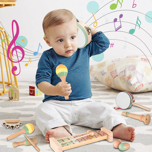 1-3, Set VINJOE Baby Musical Instruments-Toddler Montessori Wooden Musical Toys for Kids Neutral Colors Percussion