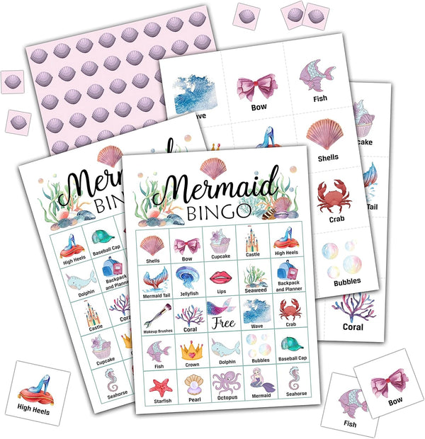 Mermaid Bingo Cards for 24 Players, Under The Sea Party Game for Adults, Indoor/Outdoor School Party Game.