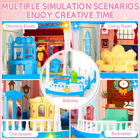 Seifar Girls,10 3 4 5 6 7 8 9 10 Doll House for Rooms Blue House Toy with Doll Figures, Puppies, Lights, Furnitures