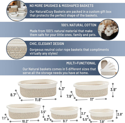NaturalCozy 5-Piece Rectangle Storage Basket Set, Cotton Rope Woven Baskets for Organizing