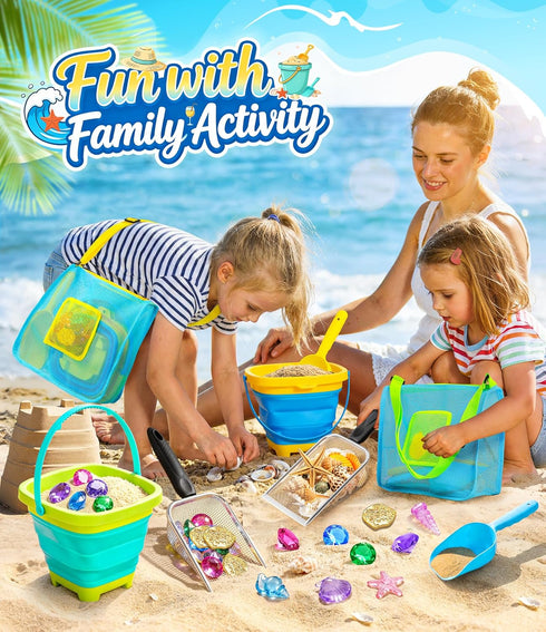 25 Set, 3-10 DISHIO Beach Toys for Kids, Pcs Metal Sand Sifter & Collapsible Beach Buckets Stainless Steel Sand Shovel