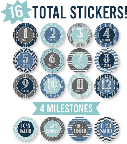 Hadley Designs 16 Monthly Baby Milestone Stickers for Baby Boy - Blue