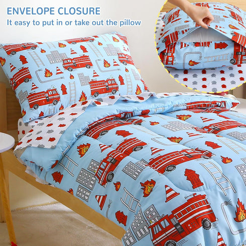 4 Set Sets Mooreeke Pieces Toddler Bedding - Fire Truck Blue Toddler Comforter for Boys, Includes Comforter, Flat