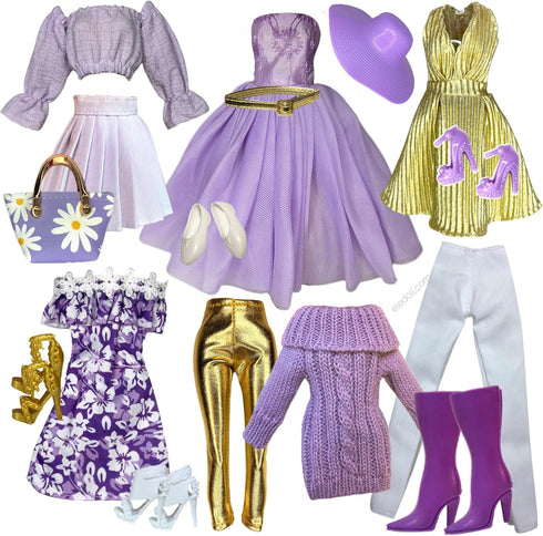 Eledoll Deluxe Fashion Pack Clothes for 11.5 inch - 12 inch Fashion Doll, Purple Gold Set Lilly