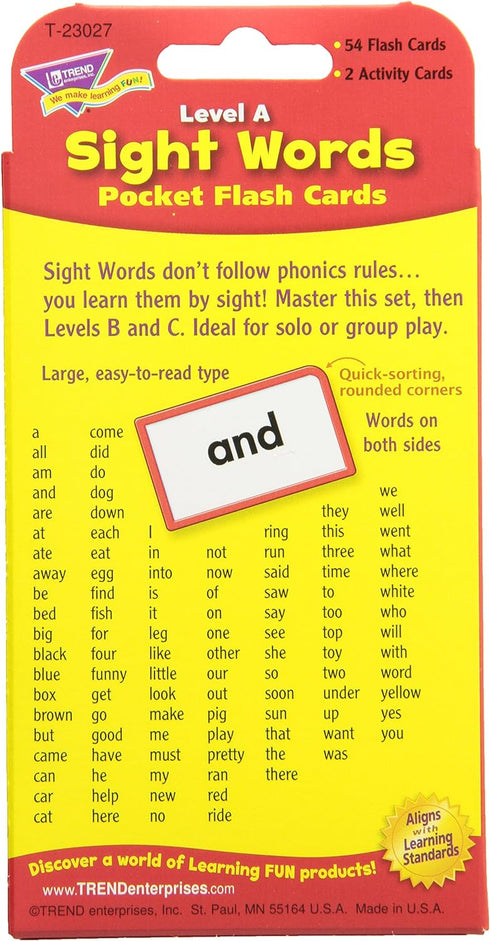 Trend Enterprises Sight Words Level A Pocket Flash Cards, 56 Two-Sided Cards, Ages 4 and Up