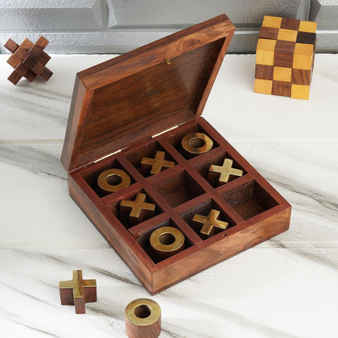 Ajuny Tic Tac Toe Board Games with Decorative Storage Box Wooden Brass Inlays Ideal for Kids and Adults Game Farmhouse Decor for Coffee Table Night Family Indoor Outdoor Travel Unique Gifts