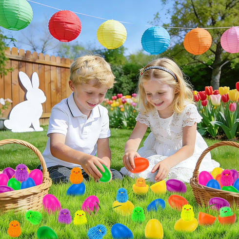 NAWITDA 18 Pack Easter Eggs Fillers with LED Chick Puffer Balls, Easter Eggs Filled with Light Up Fidget Stress Toys