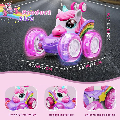 HudinFunC 360 Lights,4WD 3 4 5 6 Unicorn Remote Control Car for Girls, Rechargeable Rotating Stunt RC Car with LED