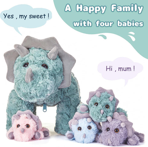 EARTHSOUND Triceratops Dinosaur Stuffed Animal - 18" Cute Small Mommy Plush Toy with Little Babies