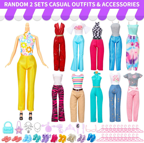 56 Pcs Doll Clothes and Accessories - 2 Wedding Gowns, 2 Evening Dresses, 20 Hangers, 10 Shoes for Girls