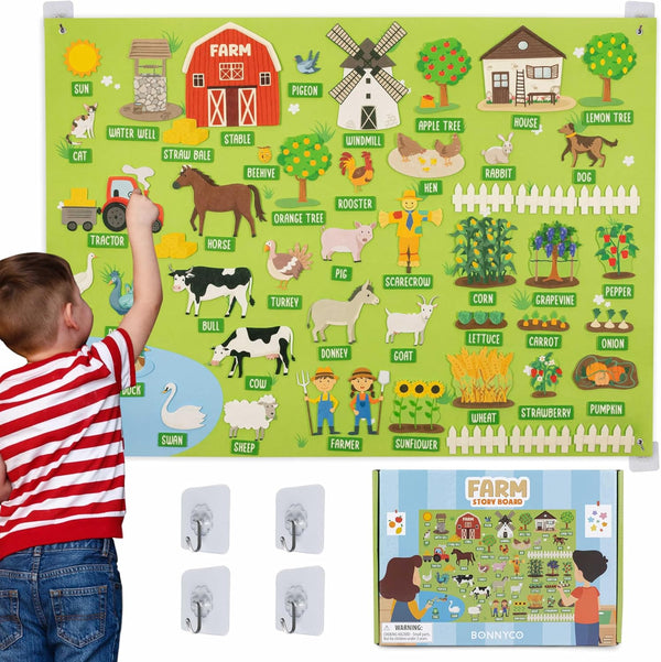 BONNYCO Felt Board for Toddlers with 92 Animal Farm Figures. Montessori and